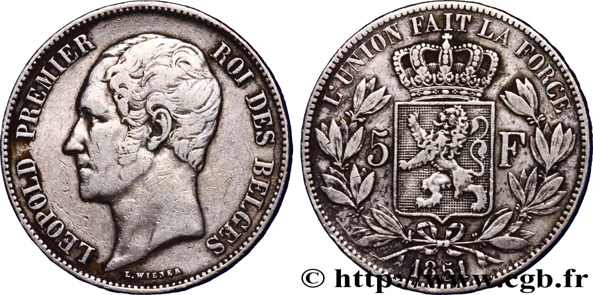 BELGIUM 5 Francs Léopold Ier 1851  VF 