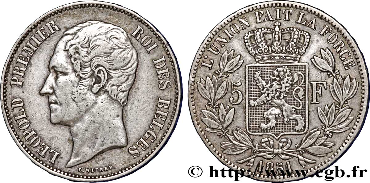 BELGIQUE 5 Francs Léopold Ier 1851  TTB 
