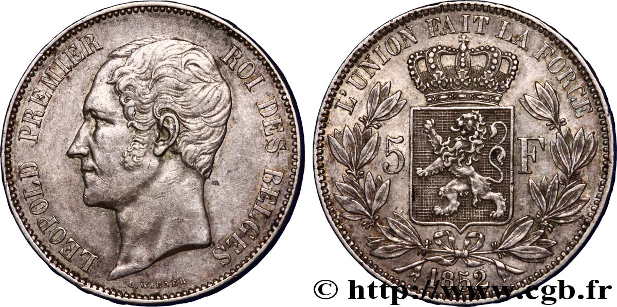 BELGIEN 5 Francs Léopold Ier 1852  SS 