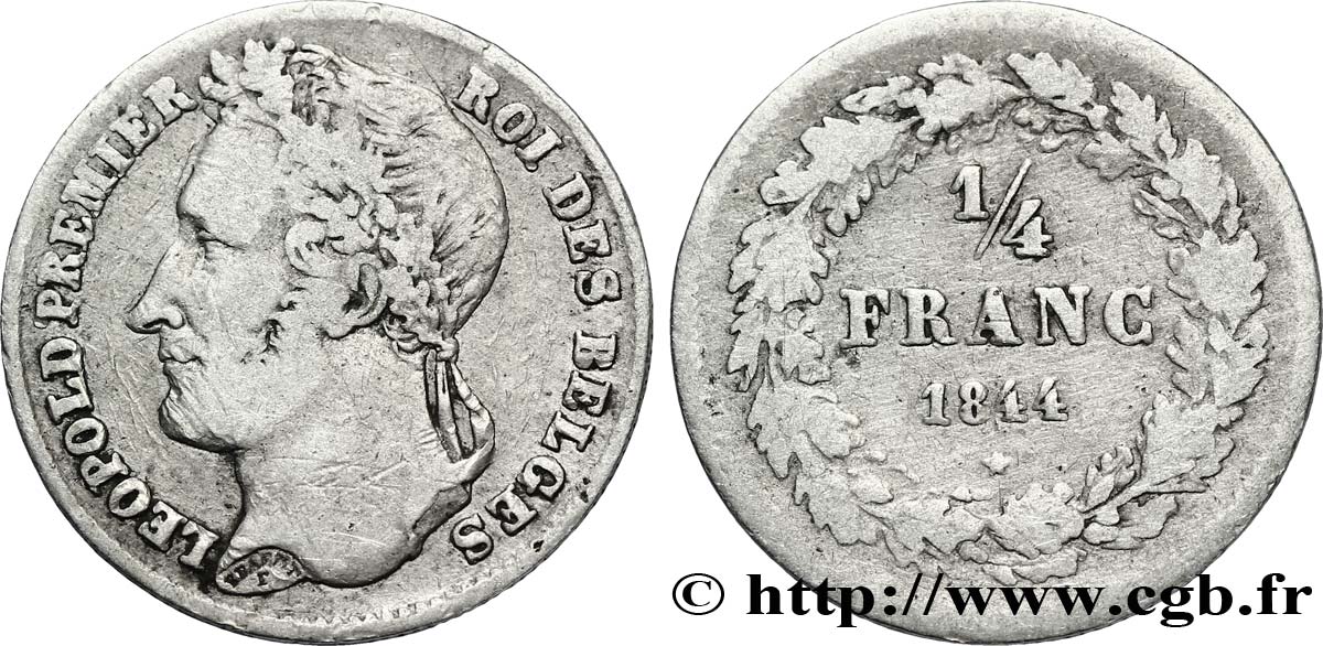 BÉLGICA 1/4 Franc Léopold tête laurée 1844  BC+ 