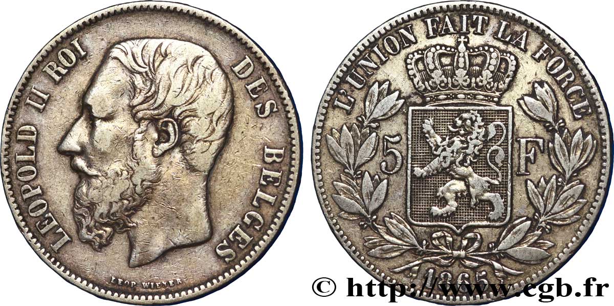 BELGIQUE 5 Francs Léopold II 1865  TTB 