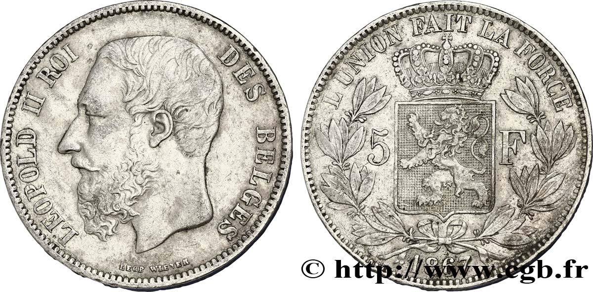 BÉLGICA 5 Francs Léopold II 1867  BC+ 