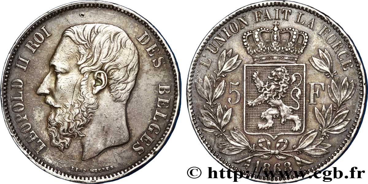 BELGIEN 5 Francs Léopold II 1868  fVZ 