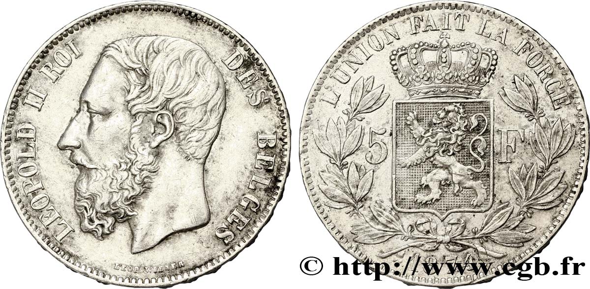 BÉLGICA 5 Francs Léopold II 1874  BC+ 