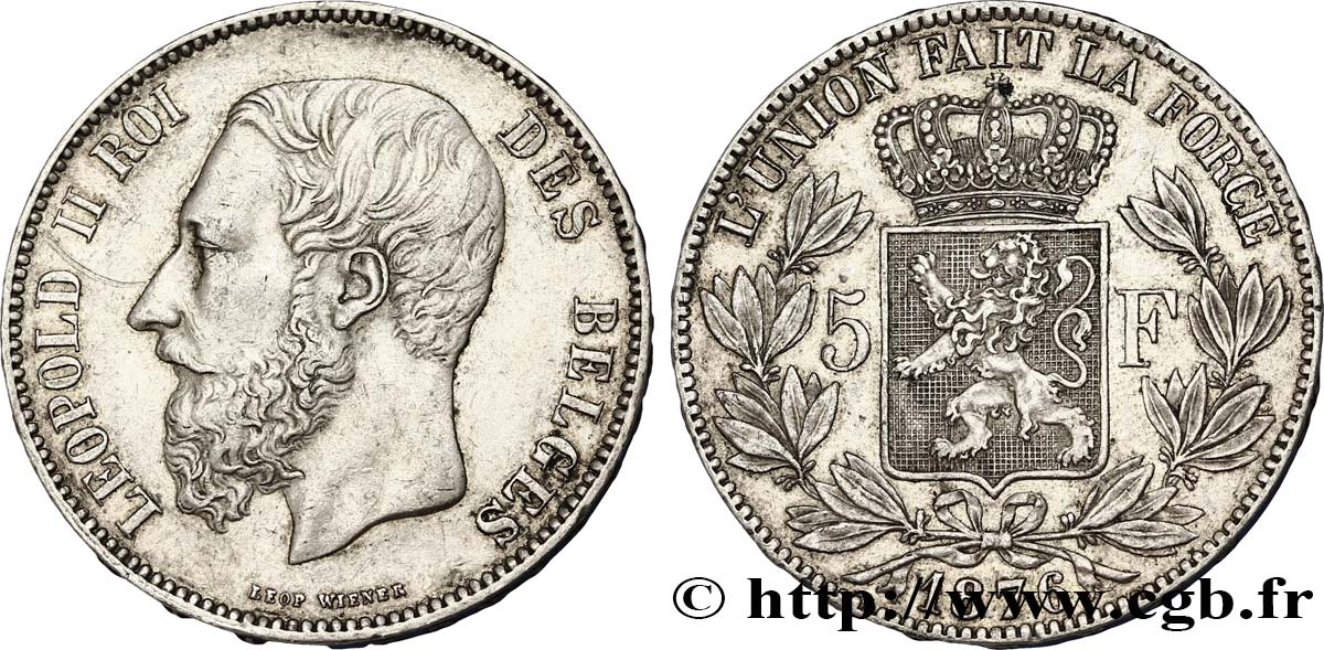BELGIUM 5 Francs Léopold II 1876  VF 