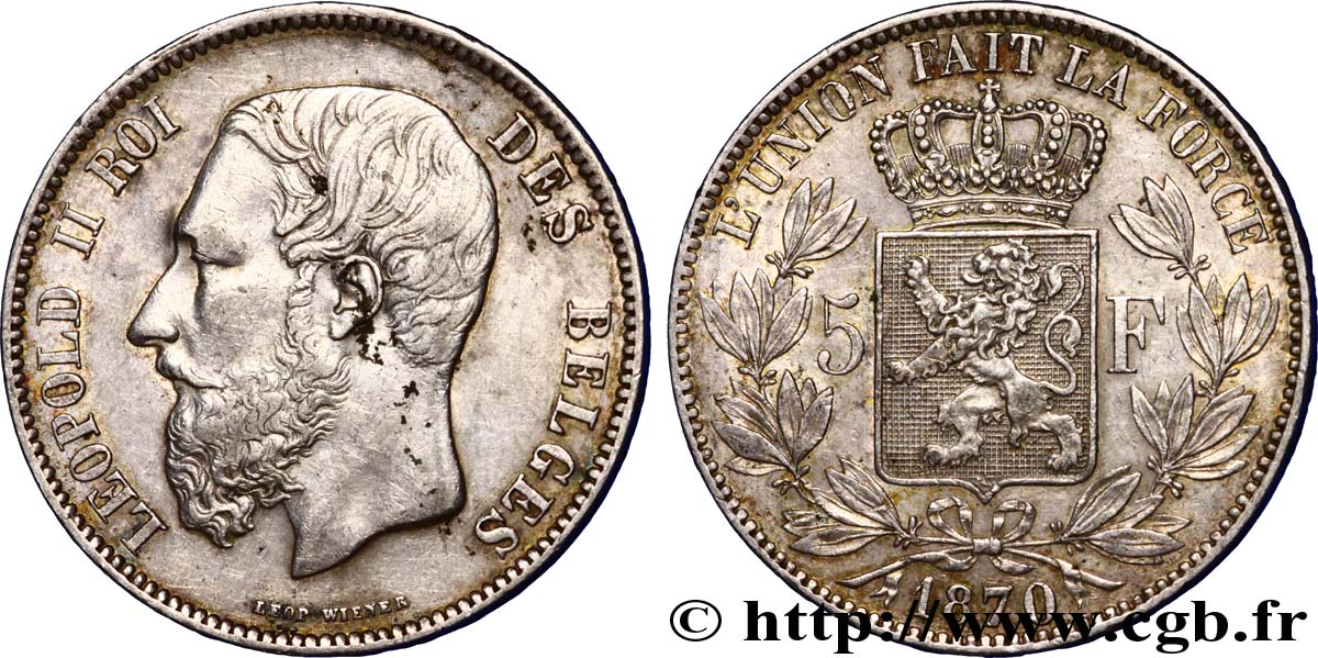 BELGIEN 5 Francs Léopold II 1870  SS 
