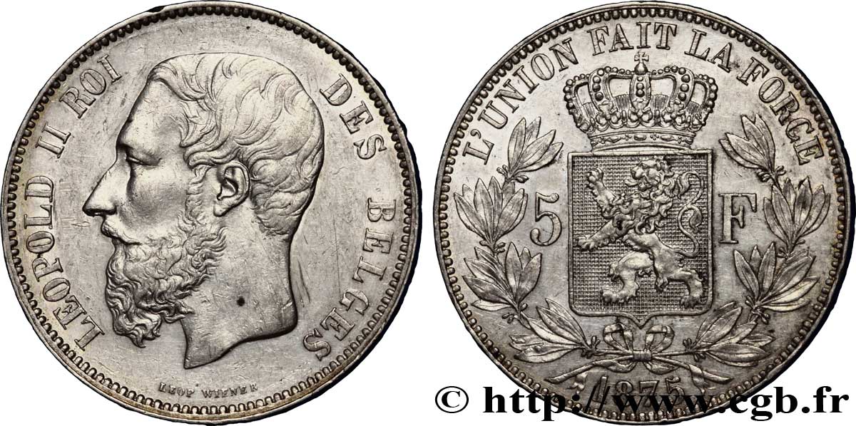 BELGIEN 5 Francs Léopold II 1875  fVZ 