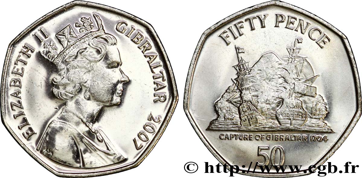 GIBRALTAR 50 Pence Elisabeth II / capture de Gibraltar en 1704 2007  VZ 