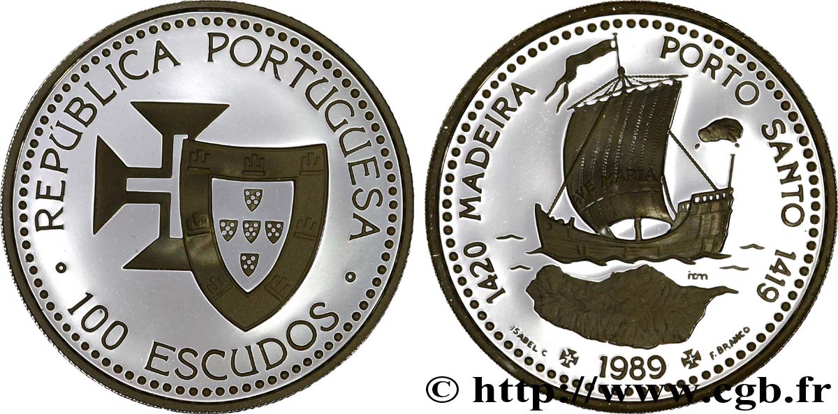 PORTOGALLO 100 Escudos Découvertes Portugaises de Madère 1420 et Porto Santo 1419 1989  FDC 