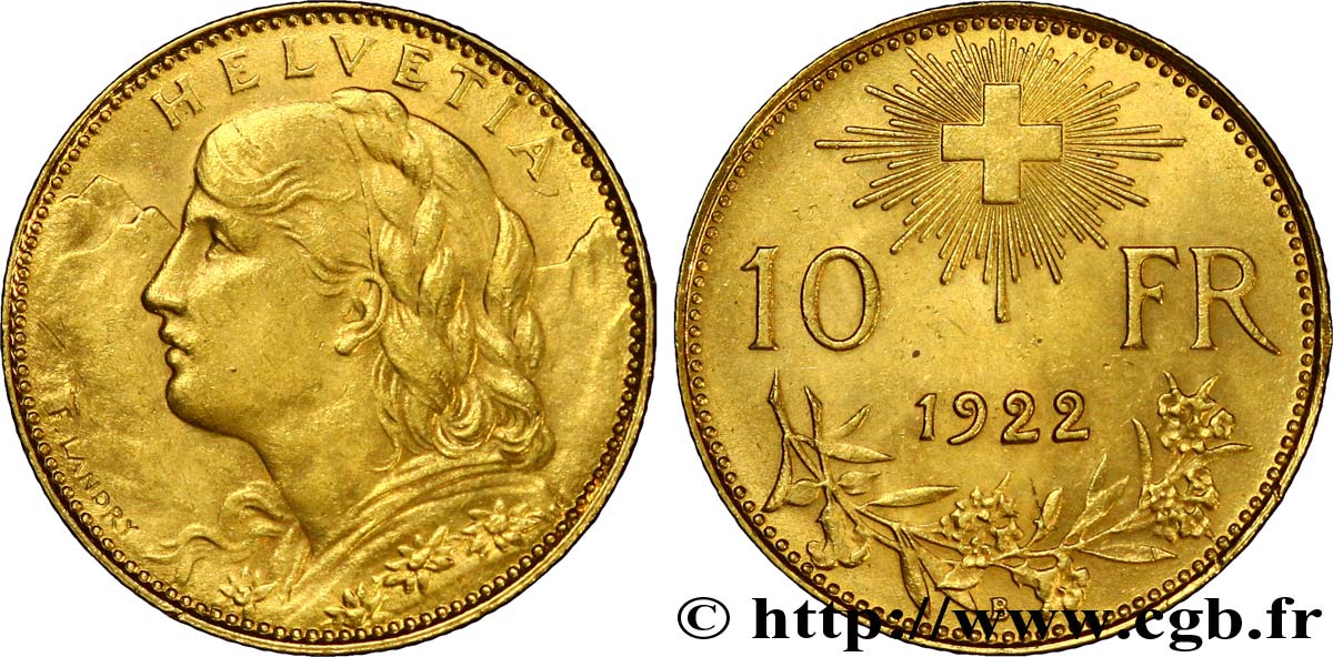 SCHWEIZ 10 Francs or  Vreneli  1922 Berne VZ 