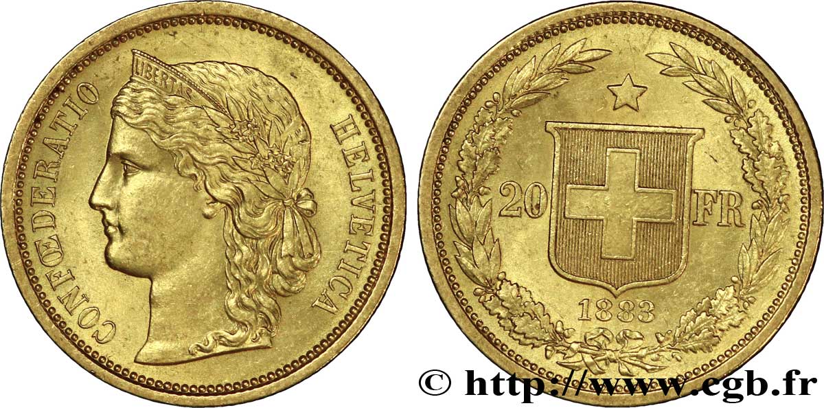 SCHWEIZ 20 Francs buste diadémé d Helvetia 1883 Berne - B VZ 