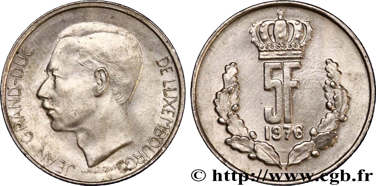 LUSSEMBURGO 5 Francs Grand-Duc Jean / 5 F couronné et rameaux 1976  SPL 