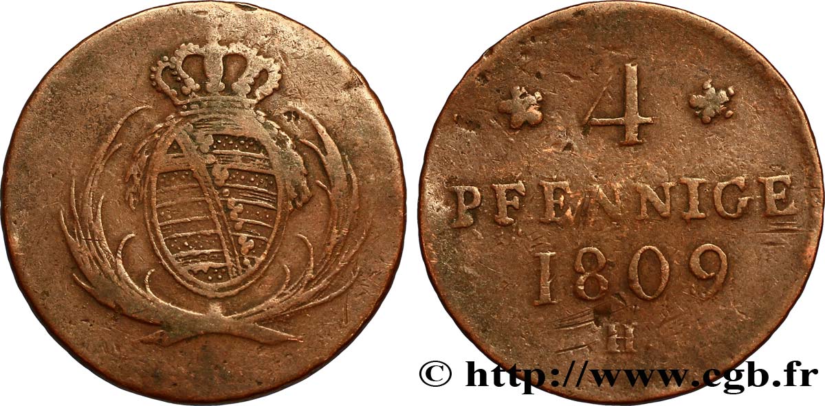 GERMANIA - SASSONIA 4 Pfennige Royaume de Saxe armes couronnées 1809 Dresde MB 
