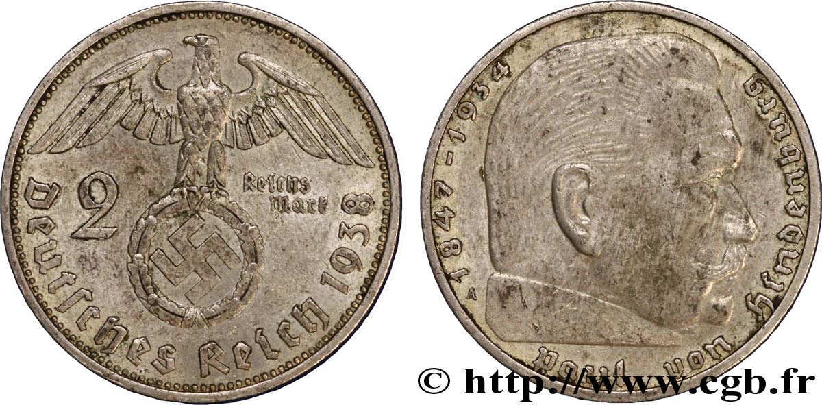 ALEMANIA 2 Reichsmark aigle surmontant une swastika / Maréchal Paul von Hindenburg 1938 Berlin EBC 
