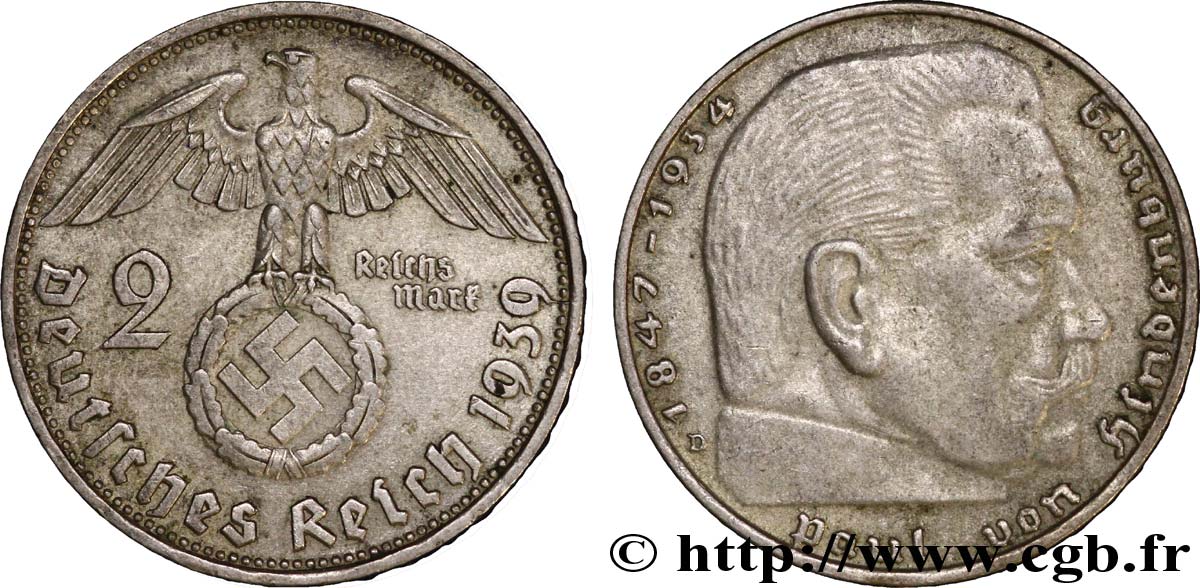 ALLEMAGNE 2 Reichsmark aigle surmontant une swastika / Maréchal Paul von Hindenburg 1939 Munich - D SUP 