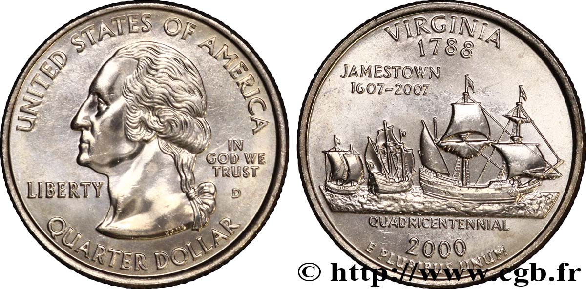 ÉTATS-UNIS D AMÉRIQUE 1/4 Dollar Virginie : arrivée des navires Susan Constant, Godspeed et Discovery le 12 mai 1607 à Jamestown dans la baie de Chesapeake 2000 Denver SPL 