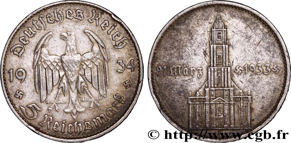 ALEMANIA 5 Reichsmark Commémoration du serment du 21 mars 1933 en l’église de la garnison de Potsdam 1934 Stuttgart - F MBC+ 