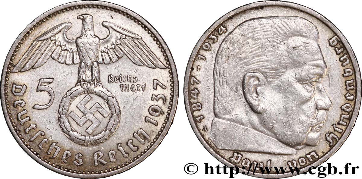 DEUTSCHLAND 5 Reichsmark Maréchal Paul von Hindenburg 1936 Stuttgart - F SS 