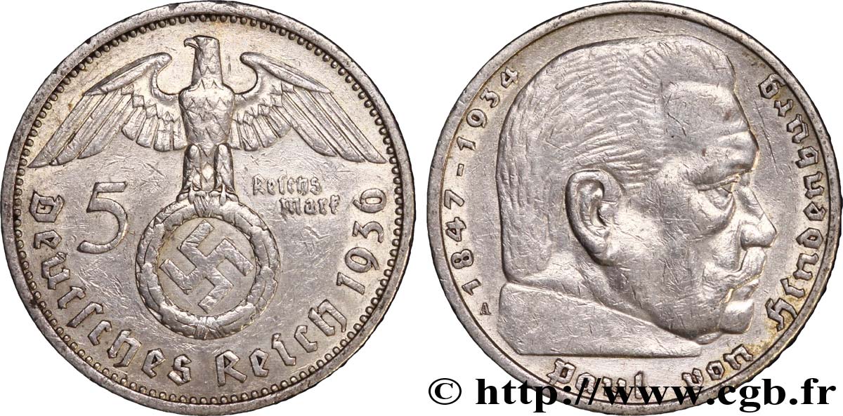 GERMANY 5 Reichsmark Maréchal Paul von Hindenburg 1936 Berlin AU 
