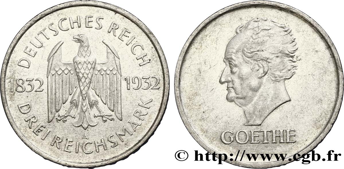 GERMANIA 3 Reichsmark aigle héraldique / Goethe 1932 Berlin SPL 
