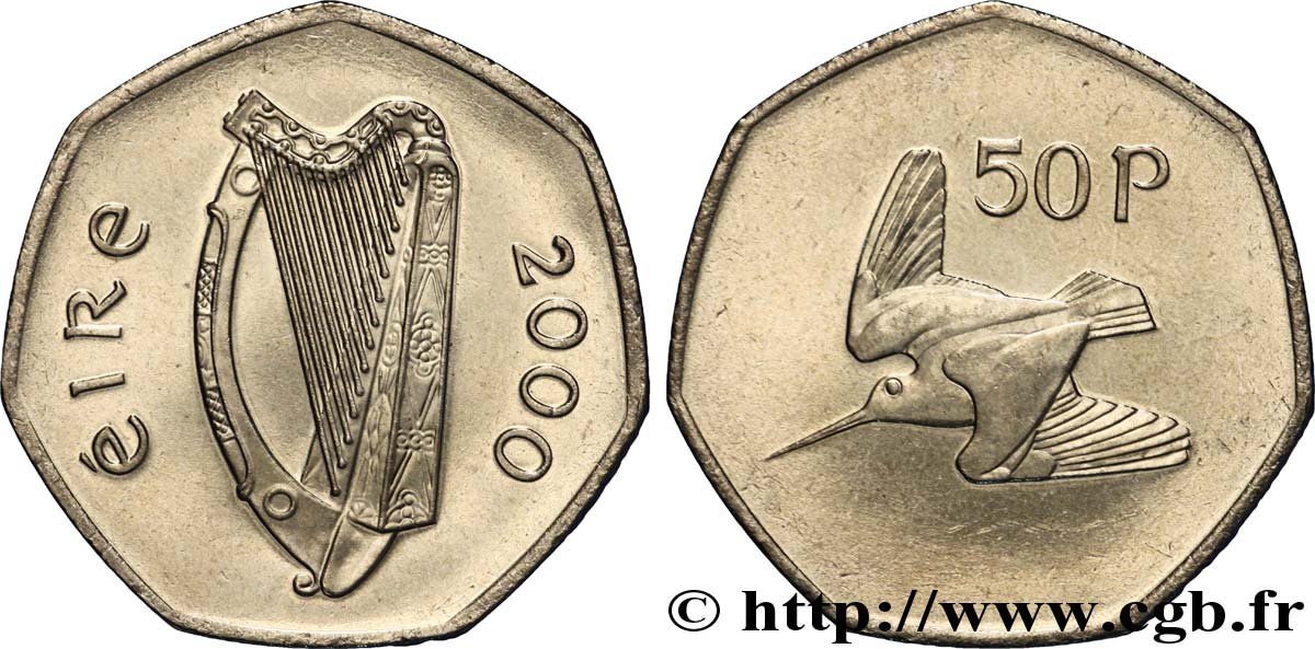 IRLAND 50 Pence harpe / bécasse des bois (Scolopax rusticola) 2000  fST 