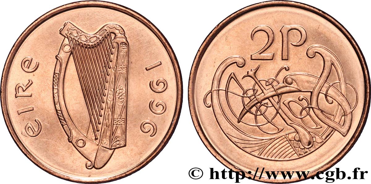 IRLAND 2 Pence harpe / oiseau de style celte 1996  fST 