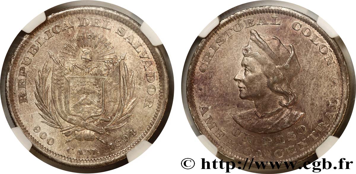 EL SALVADOR 1 Peso 1894  EBC62 NGC