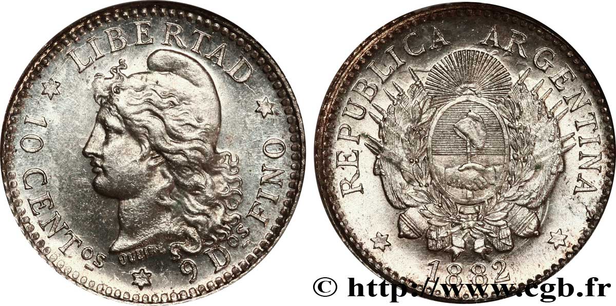 ARGENTINA 10 Centavos emblème / “Liberté” 1882  MS63 NGC