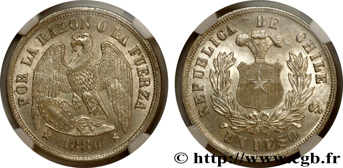 CHILE 1 Peso emblème / condor 1880 Santiago - S° MS63 NGC