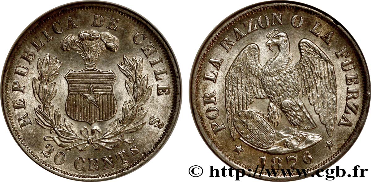 CHILE 20 Centavos emblème / condor 1876 Santiago - S° MS64 NGC