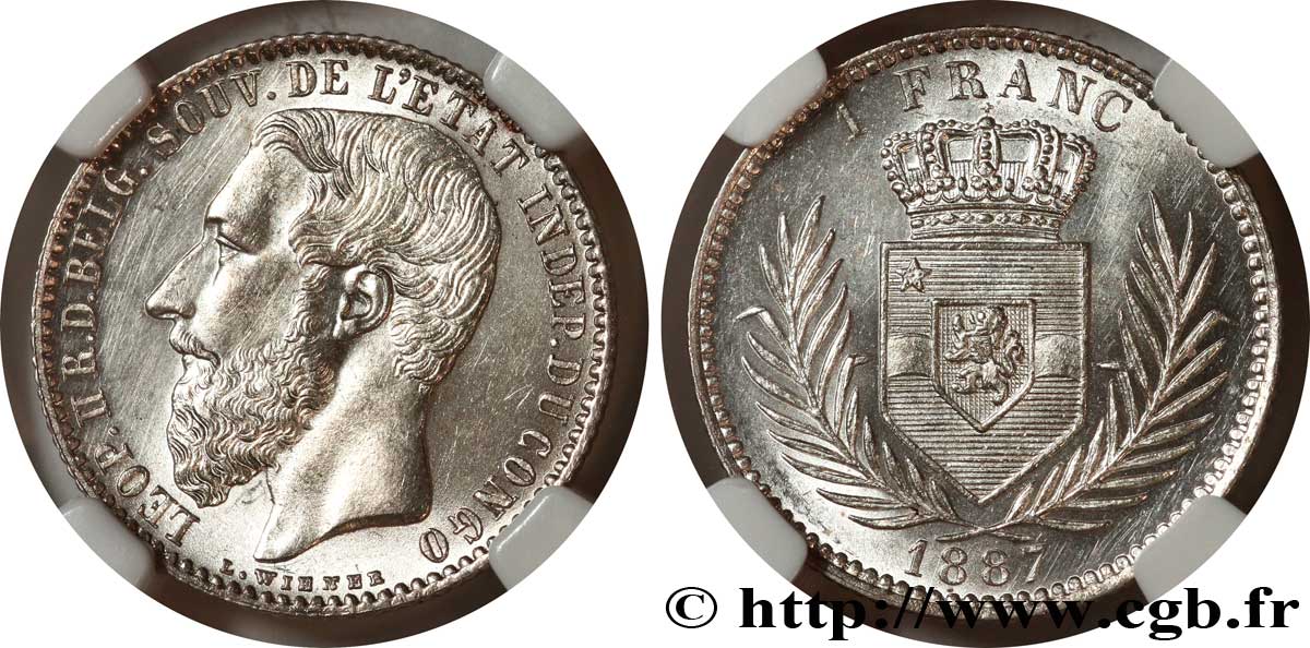 CONGO FREE STATE 1 Franc Léopold II 1887  MS62 NGC