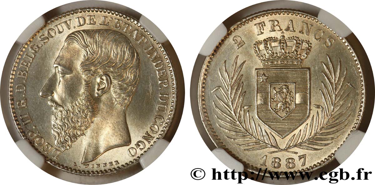KONGO-FREISTAAT 2 Francs Léopold II 1887 Bruxelles fST63 NGC