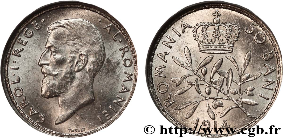 ROMANIA 50 Bani Charles Ier 1914  MS62 NGC