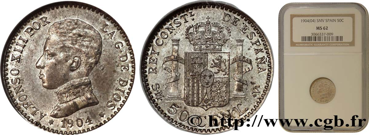 SPAIN 50 Centimos Alphonse XIII 1904 Madrid MS62 NGC