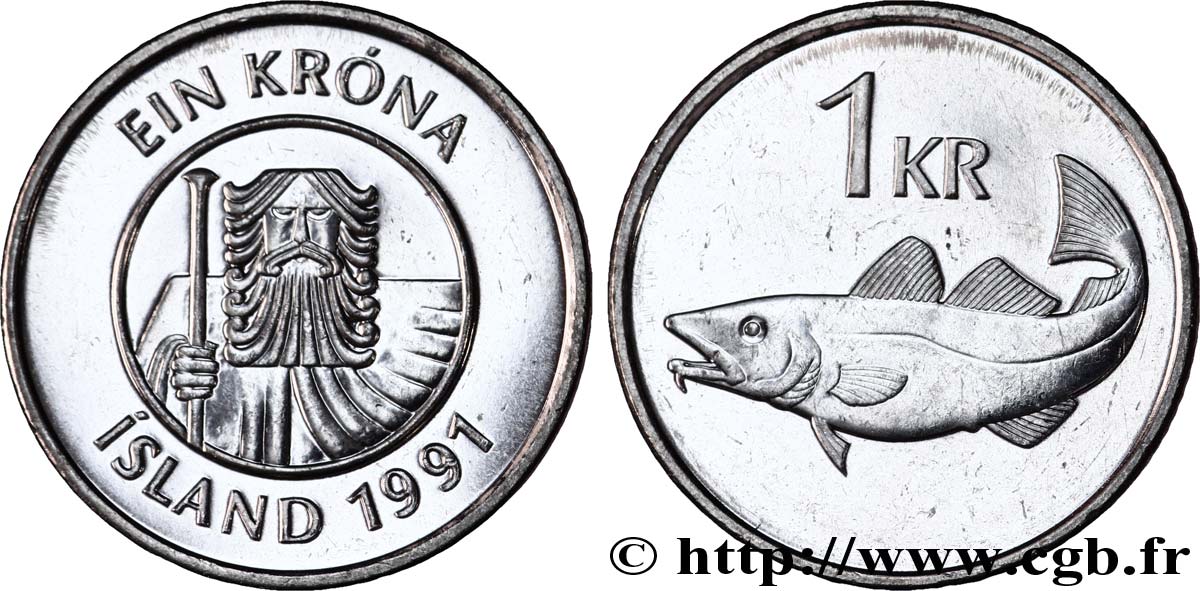 ISLANDIA 1 Krona morue 1991  SC 