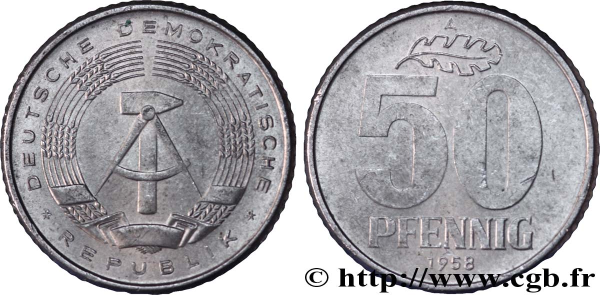 DEUTSCHE DEMOKRATISCHE REPUBLIK 50 Pfennig emblème de la RDA 1958 Berlin VZ 