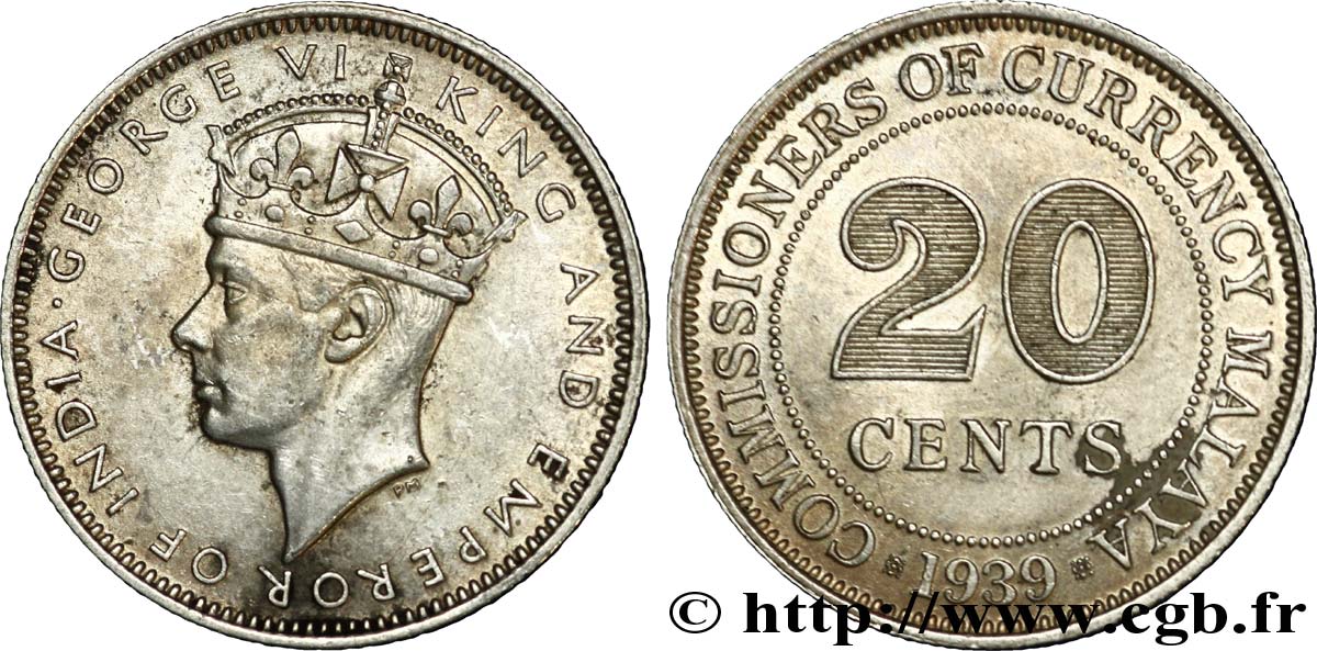 MALASIA - COLONIAS DEL ESTRECHO 20 Cents Straits Settlements Georges VI 1939  MBC+ 
