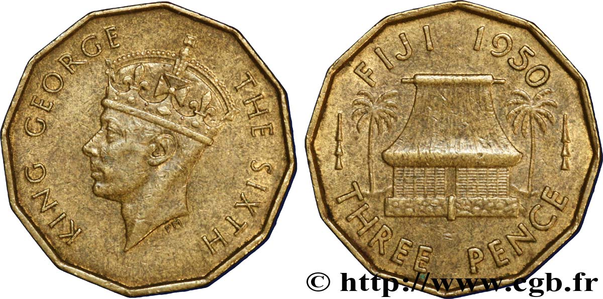 FIJI 3 Pence Georges  VI / maison traditionnelle 1950  XF 