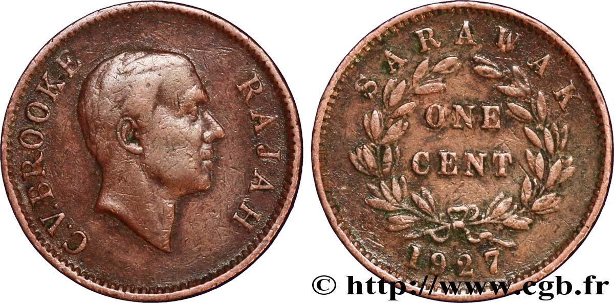 SARAWAK 1 Cent Sarawak Rajah C.V. Brooke 1927 Heaton - H VF 