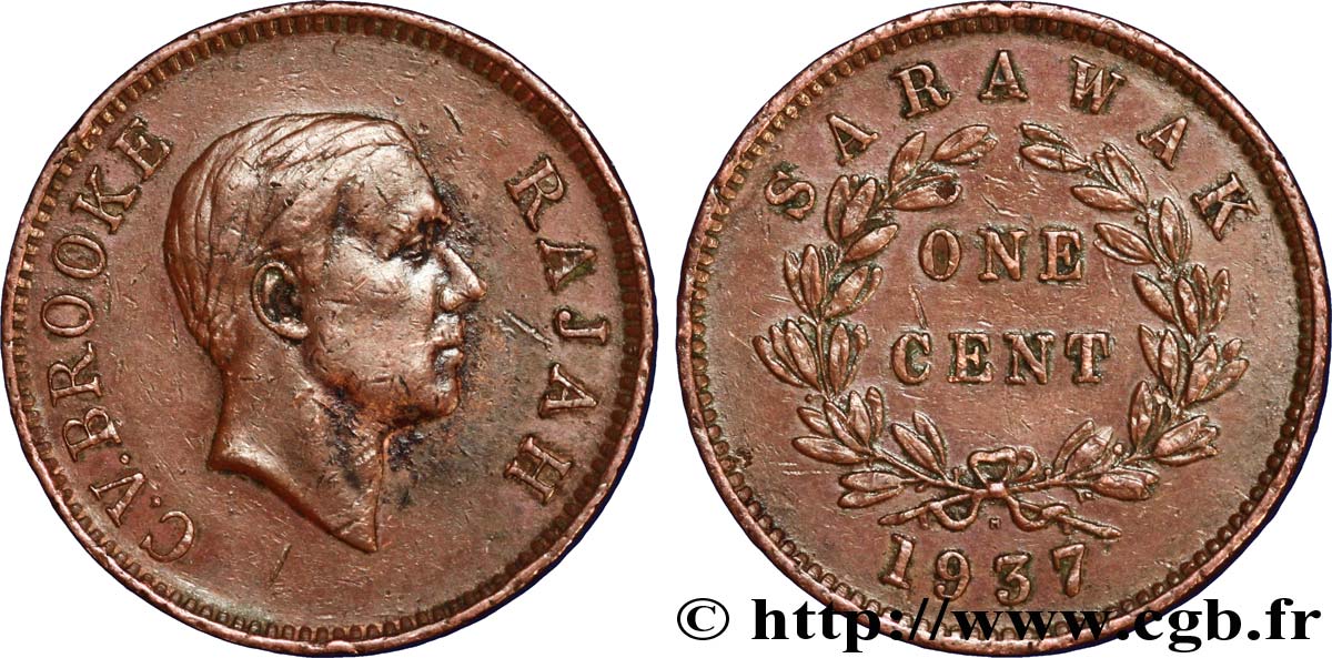 SARAWAK 1 Cent Sarawak Rajah C.V. Brooke 1937 Heaton - H XF 