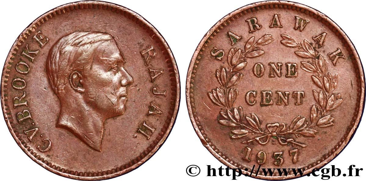SARAWAK 1 Cent Sarawak Rajah C.V. Brooke 1937 Heaton - H XF 