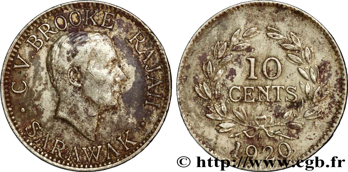 SARAWAK 10 Cents Sarawak Rajah C.V. Brooke 1920 Heaton - H XF 