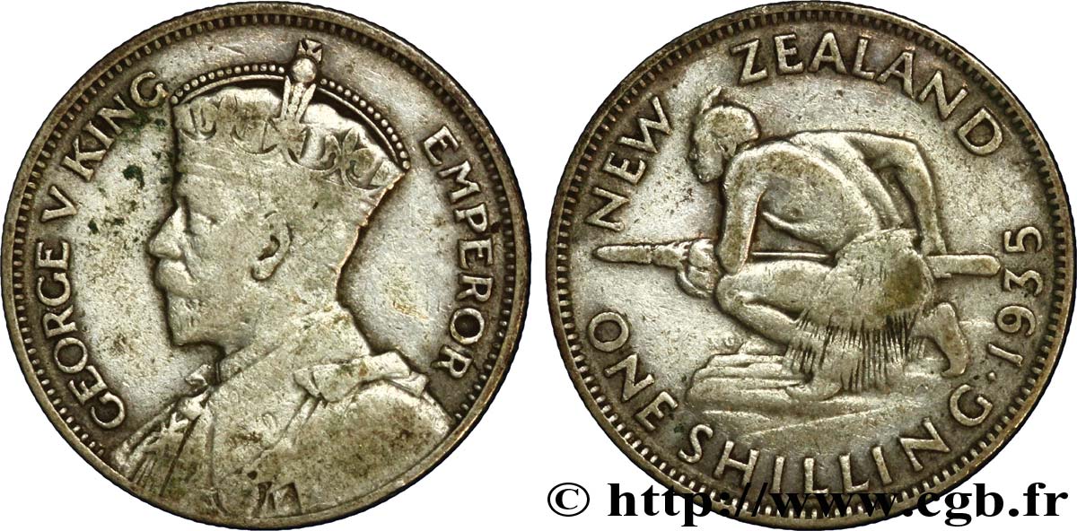 NOUVELLE-ZÉLANDE 1 Shilling Georges V / guerrier maori 1935  TB 