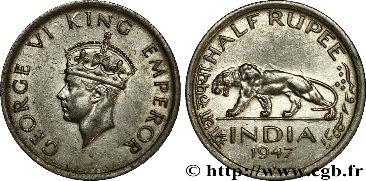 INDIA
 1/2 Roupie Georges VI / tigre 1947 Bombay (Mumbai) EBC 