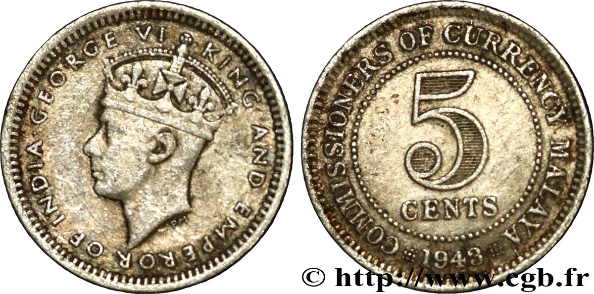 MALESIA 5 Cents Commisionners of Currency Board Georges VI 1943  BB 