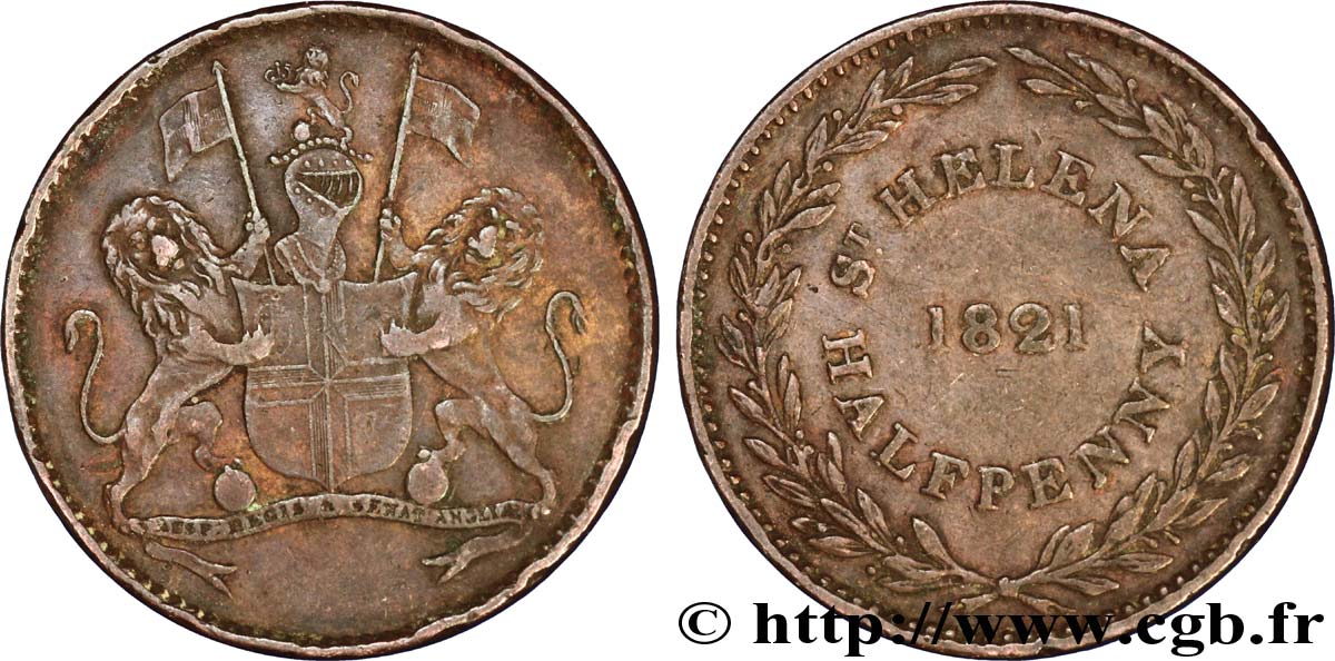 ST. HELENA 1/2 Penny (Half Penny) Armes de la Compagnie britannique des Indes Orientales 1821  fVZ 