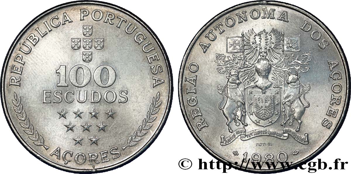 AZORES 100 Escudos emblème 1980  EBC 