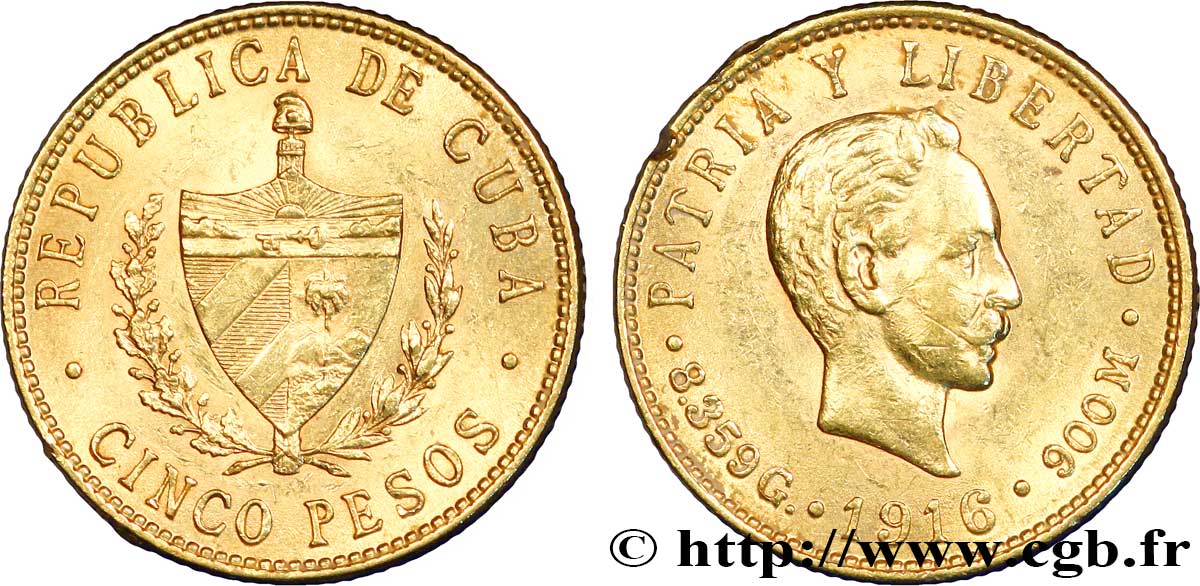 CUBA 5 Pesos OR emblème de la République / José Marti 1916  SPL 