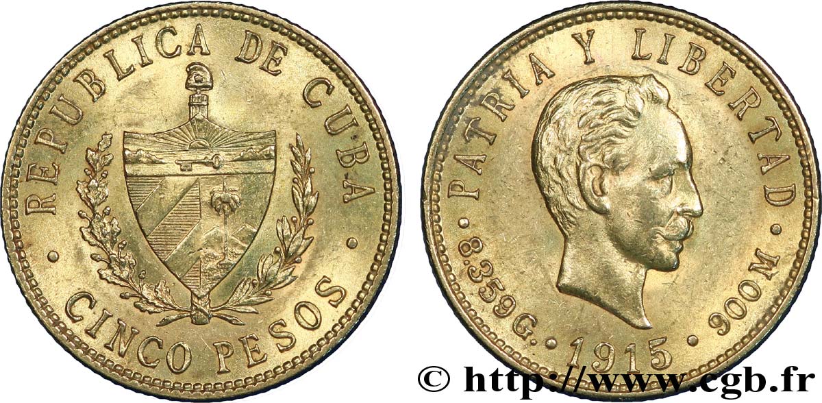 CUBA 5 Pesos OR emblème de la République / José Marti 1915  SUP 