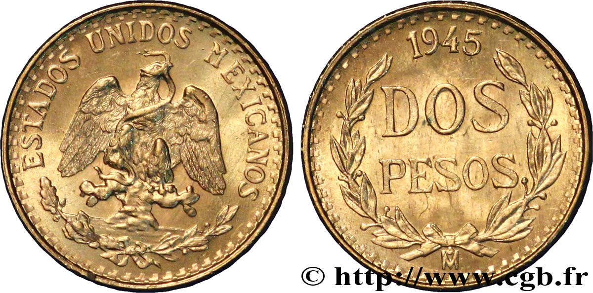 MEXIQUE 2 Pesos or Aigle du Mexique 1945 Mexico SPL 